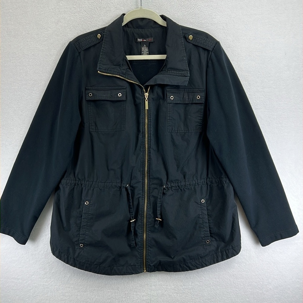 Style & Co Women’s Utility Jacket Size XL Black Mixed Media Lined Front